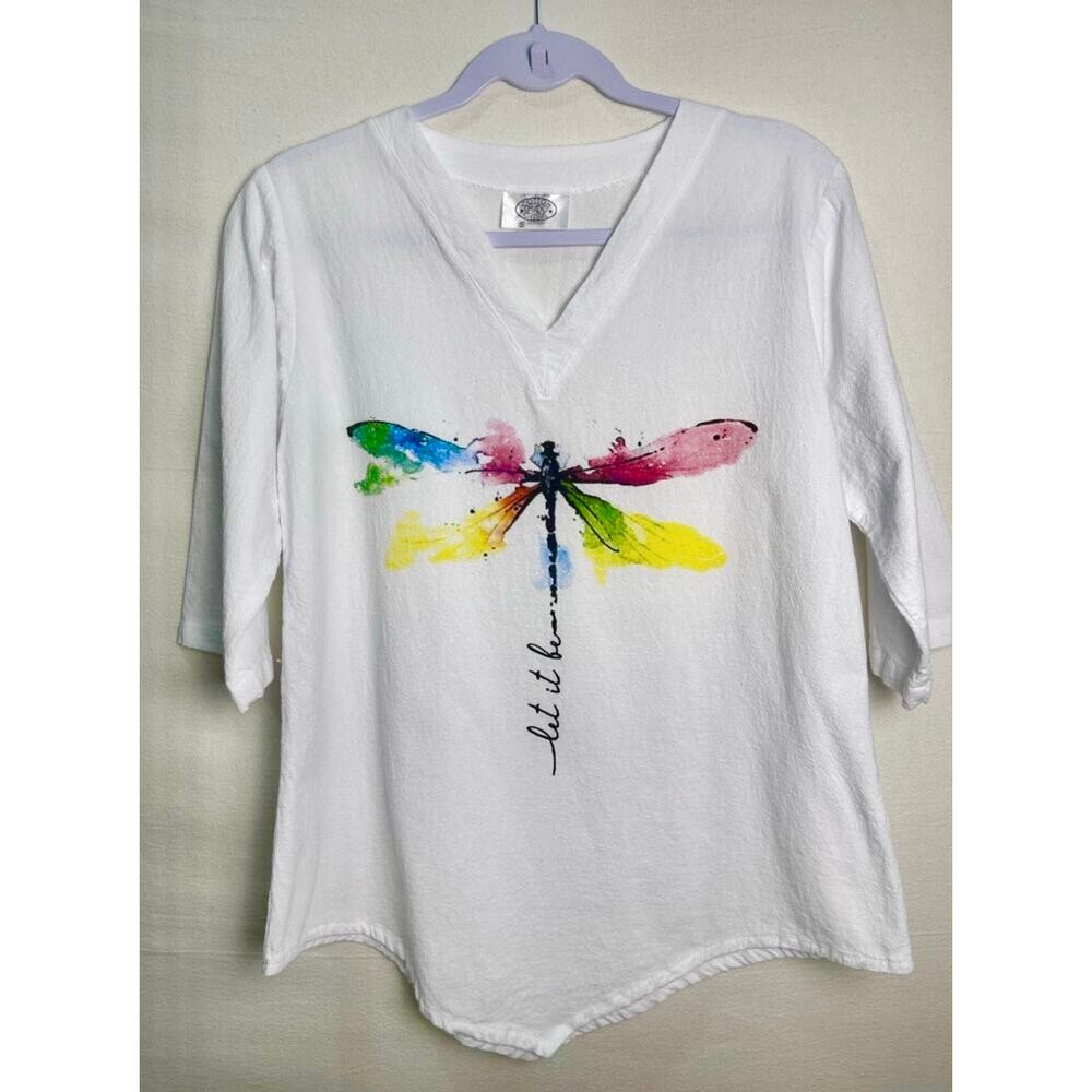 Cotton Made Casual Dragonfly Watercolor “Let It Be” V-Neck White Top Size Small - Picture 2 of 8